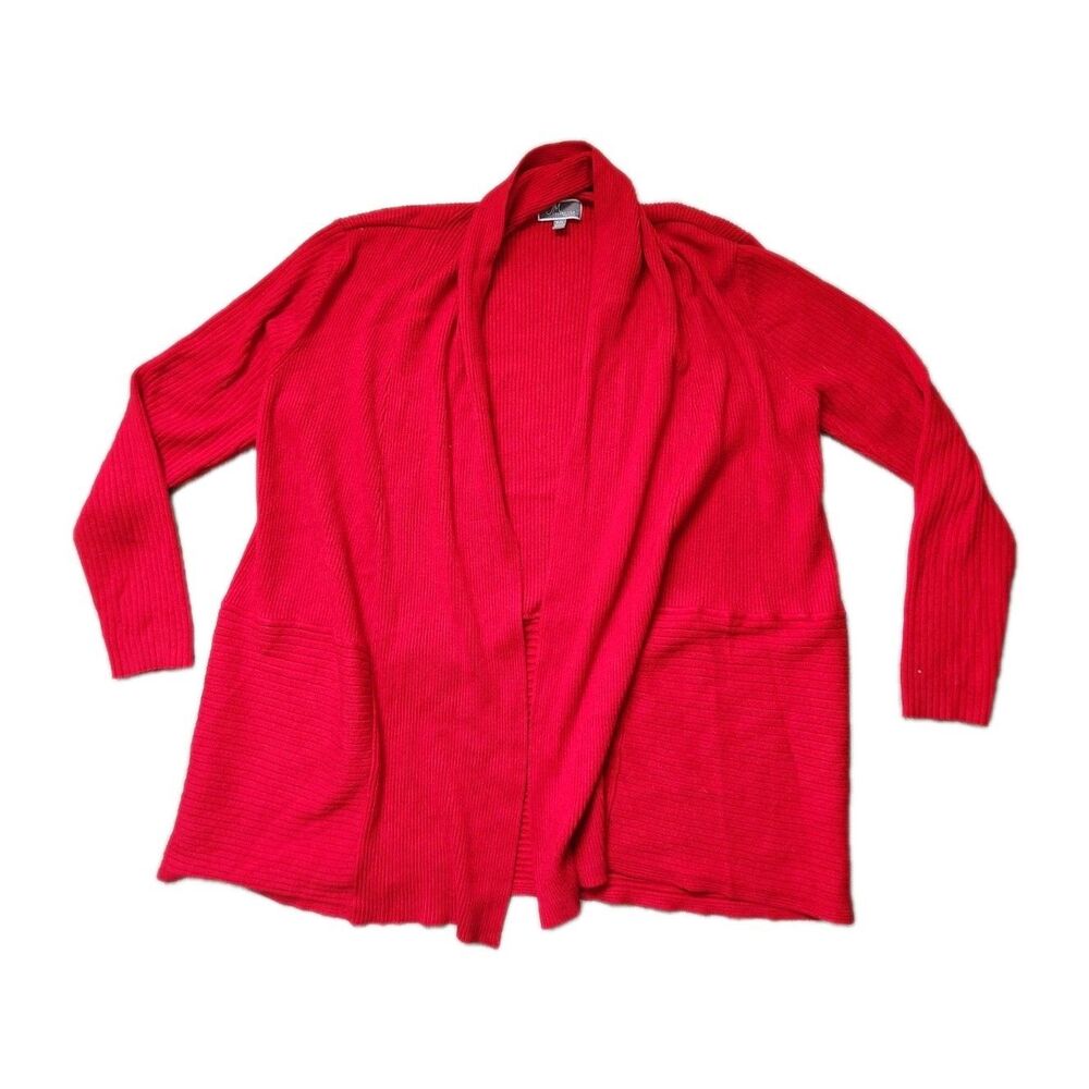 JM Collection Petite Red Ribbed Open Front Cardigan Sweater Womens PL GUC
